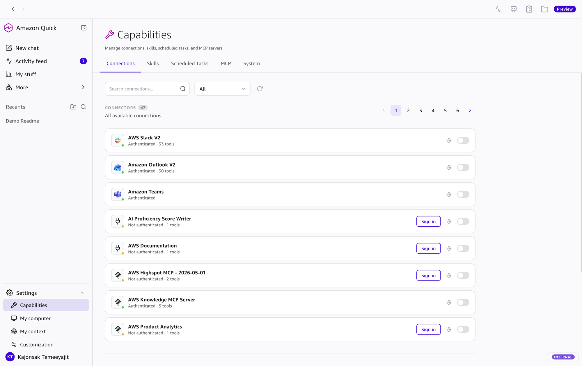 Amazon Quick Desktop - Settings → Capabilities