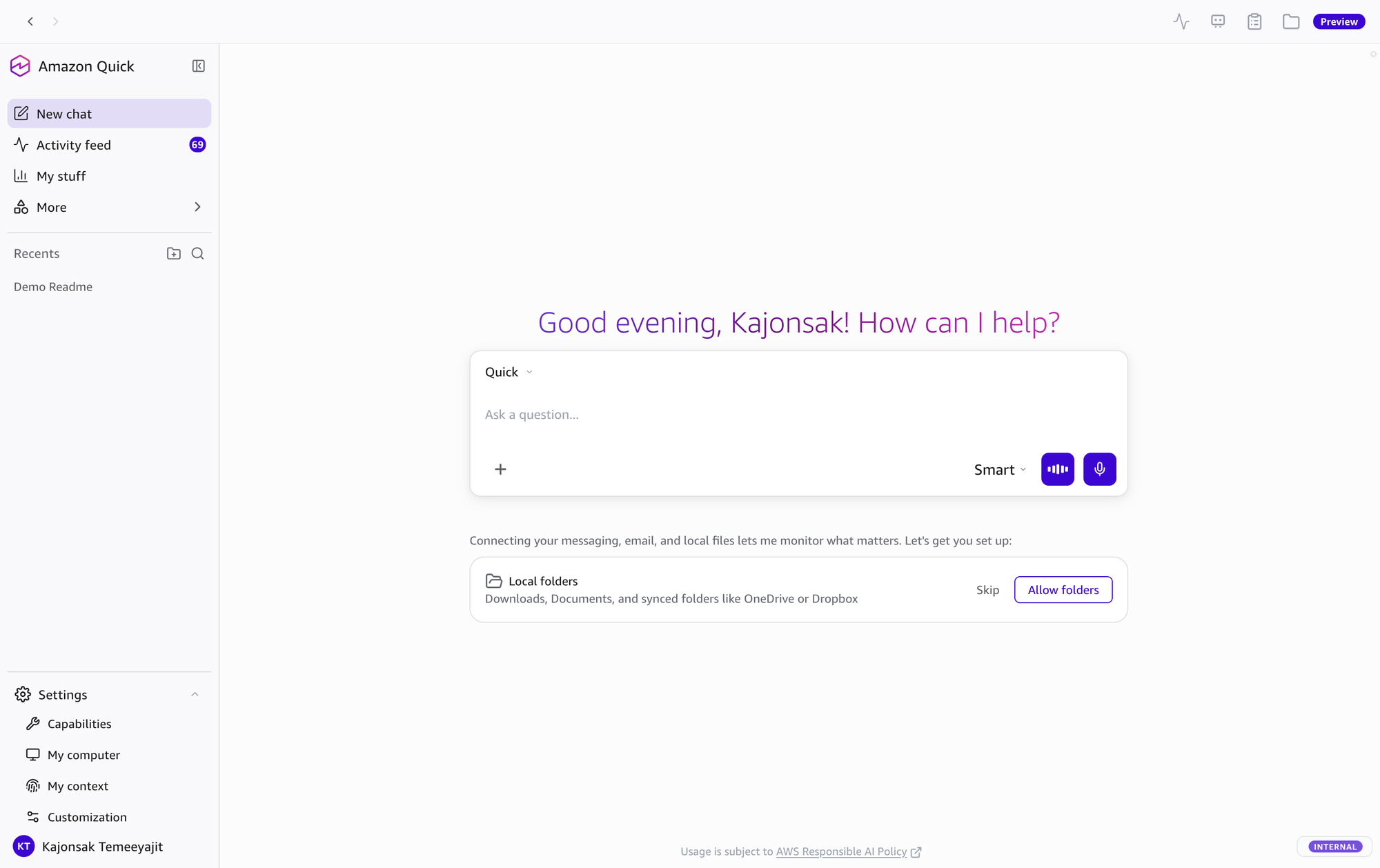 Amazon Quick Desktop - Overall Interface (Light Mode)