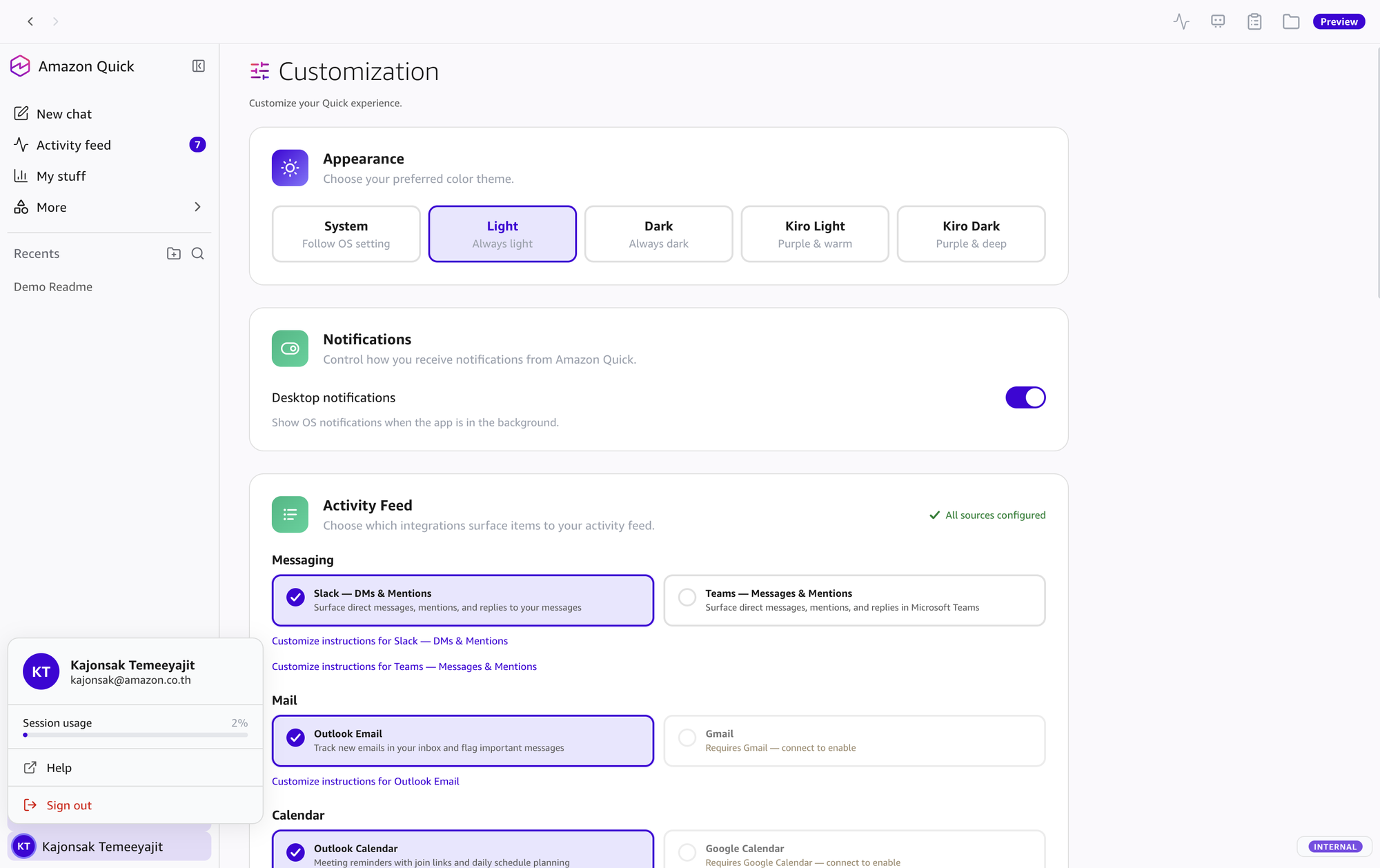 User Profile popover
