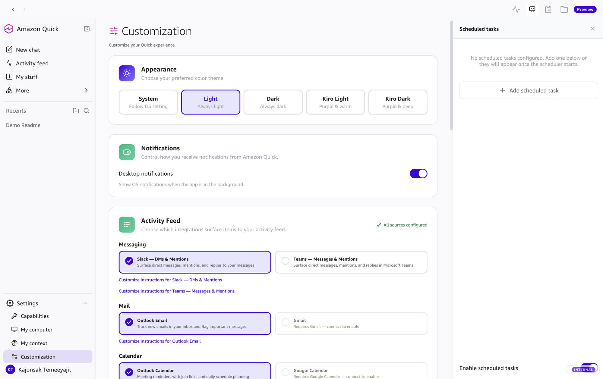 Top-right panel: Scheduled Tasks (earlier build; now Mission Control)